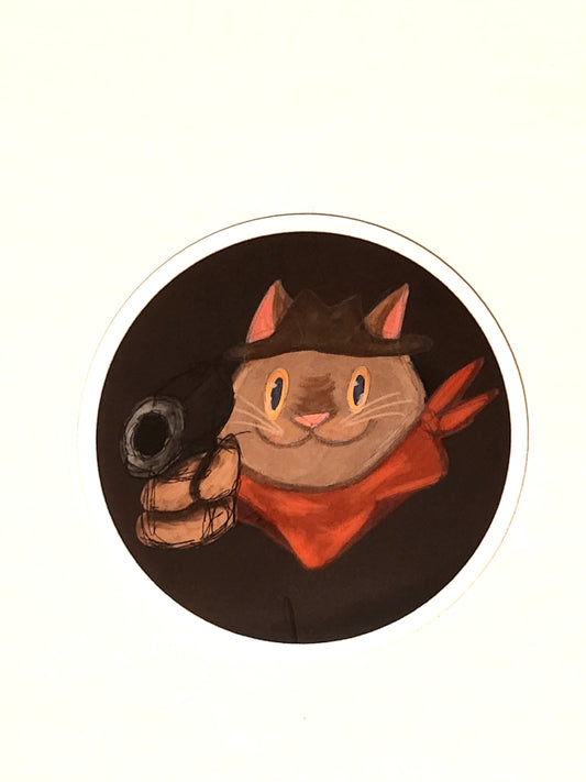 Cat holding gun round sticker